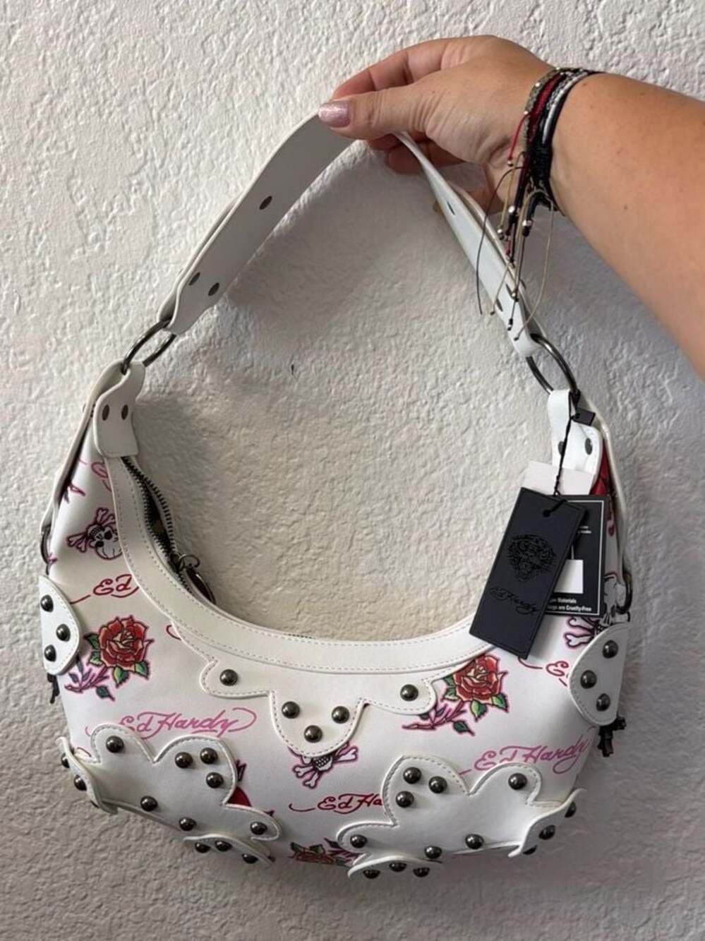 Ed Hardy NWT White Skull and Rose Scalloped Studded Hobo Shoulder Bag
